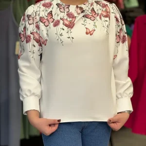 شومیز زنانه مدل پروانه چاپی سبز آبی